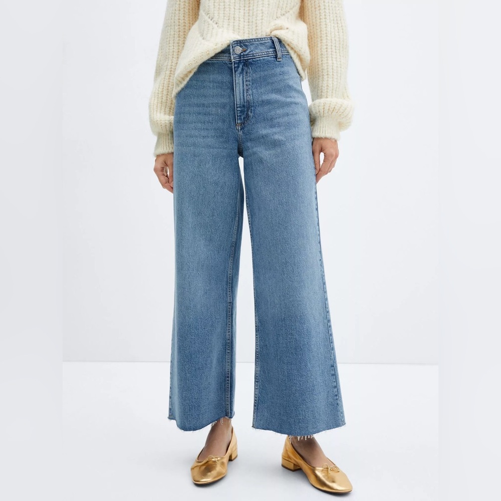 Mango Catherine High Rise Raw Hem Jeans Sz 8 Light Wash Wide Leg Denim Inseam 27